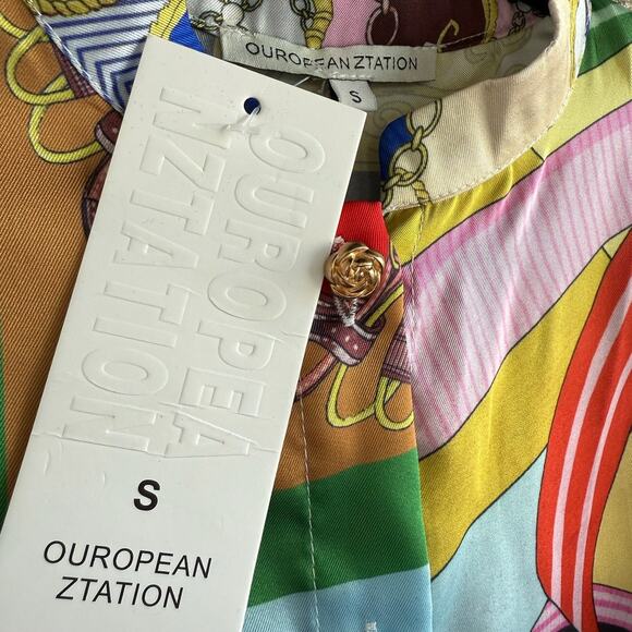 Satin Shirt Dress Multicolor Scarf Print Mini Belted Front NWT Retro Boho Small - Picture 4 of 5